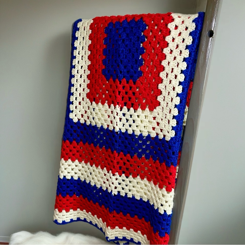 Crochet Throw Blanket in Red, White and Blue Granny Stitch Square Hand Crafted